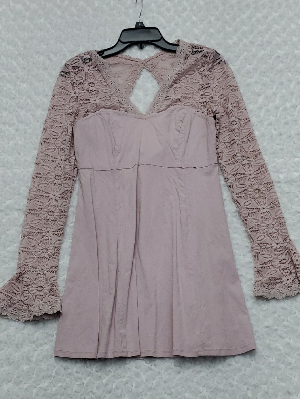 Lace-Yoke Long Sleeve Mini Dress in Dusty Rose